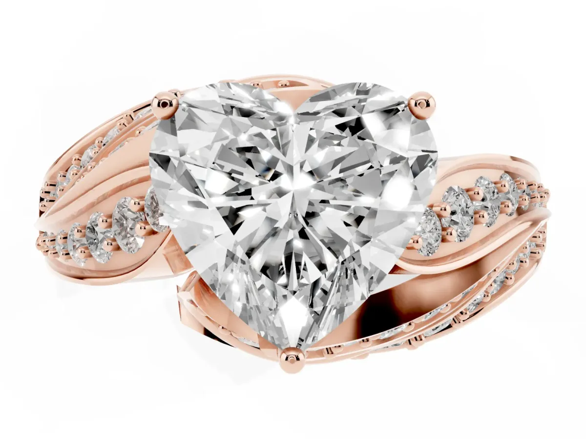 Heart Cut Diamond Solitaire Ring with Prong Setting and Twisted Pavé Band Rose gold