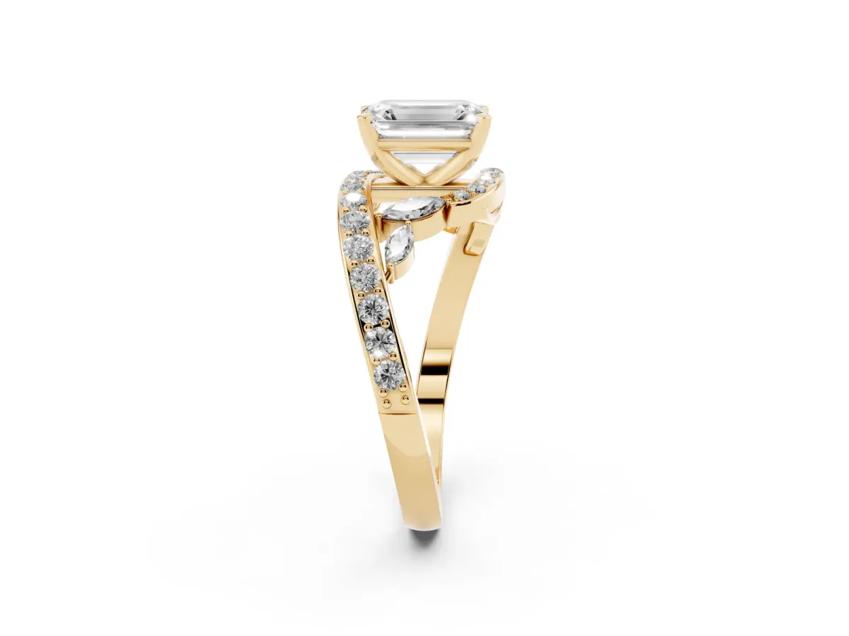 Emerald Cut Solitaire with Pavé Twist Band and Four-Prong Setting Yellow gold