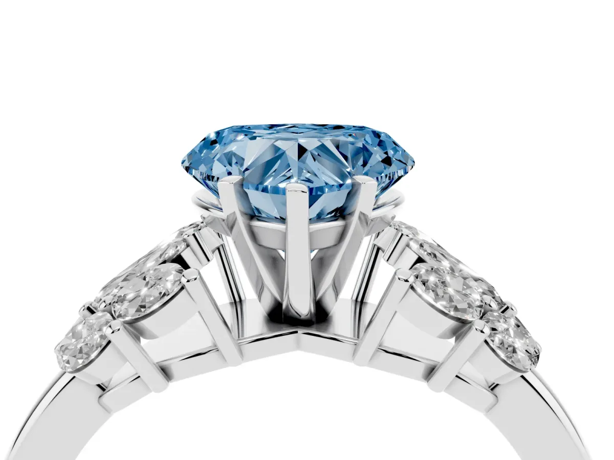 Fancy Blue Heart Cut Diamond Cluster Leaf Design Ring with Prong Setting Platinum