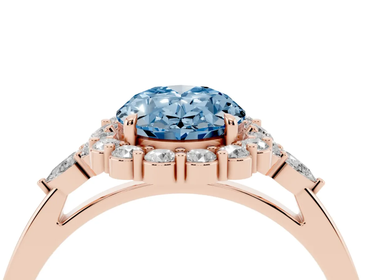 Fancy Blue Oval Cut Diamond Halo Ring with Pear Side Stones and Prong Setting Rose gold
