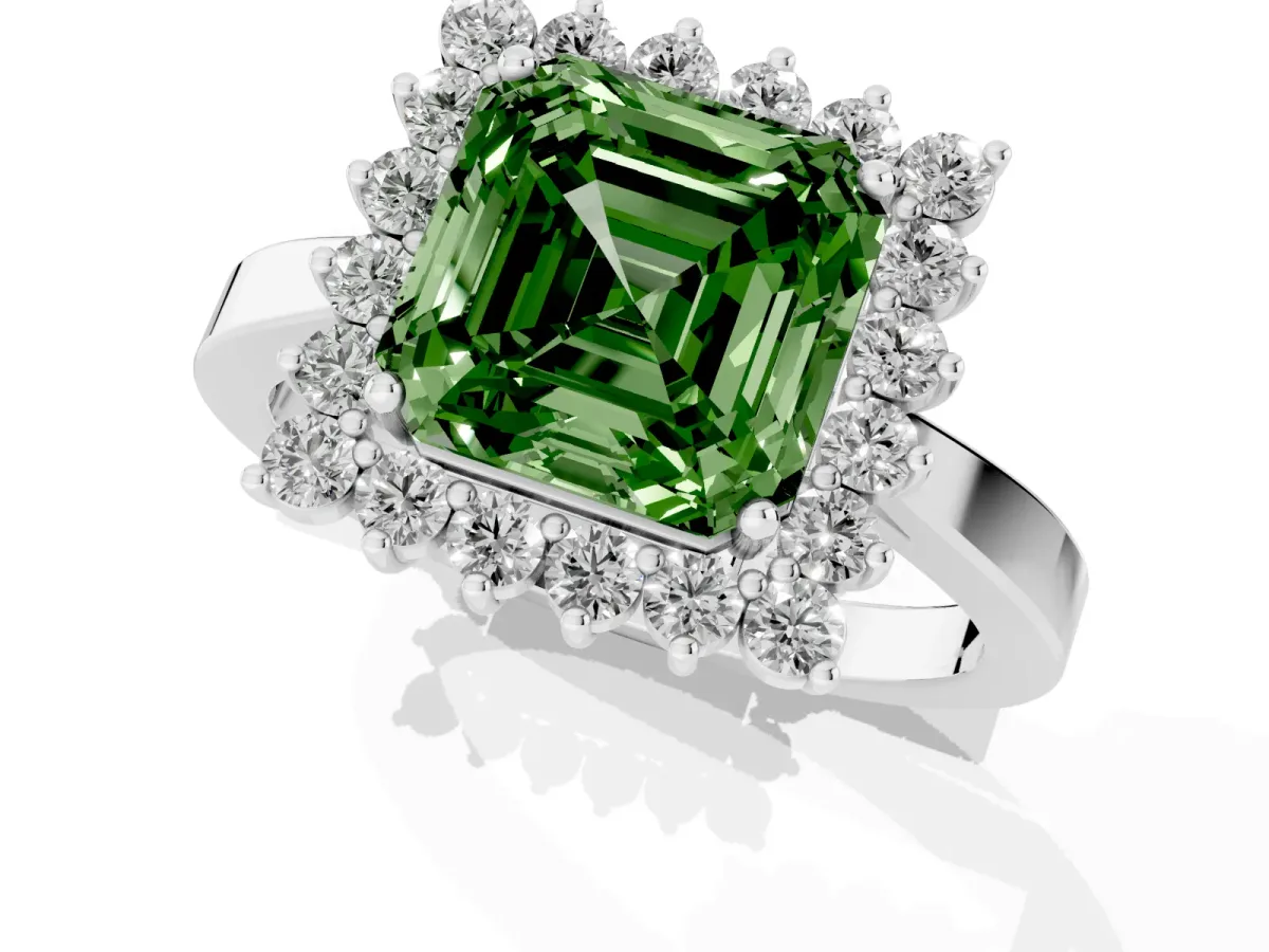 Fancy Green Asscher Cut Cut Diamond Halo Ring with Round Brilliant Halo and Solitaire Band White gold