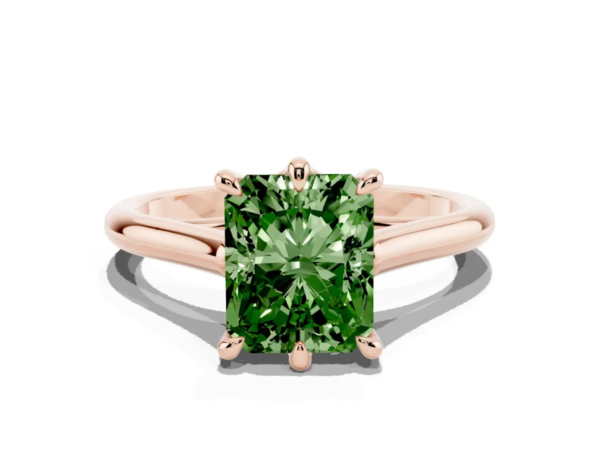 Fancy Green Radiant Cut Solitaire Engagement Ring with Six-Prong Setting and Classic Band Rose gold