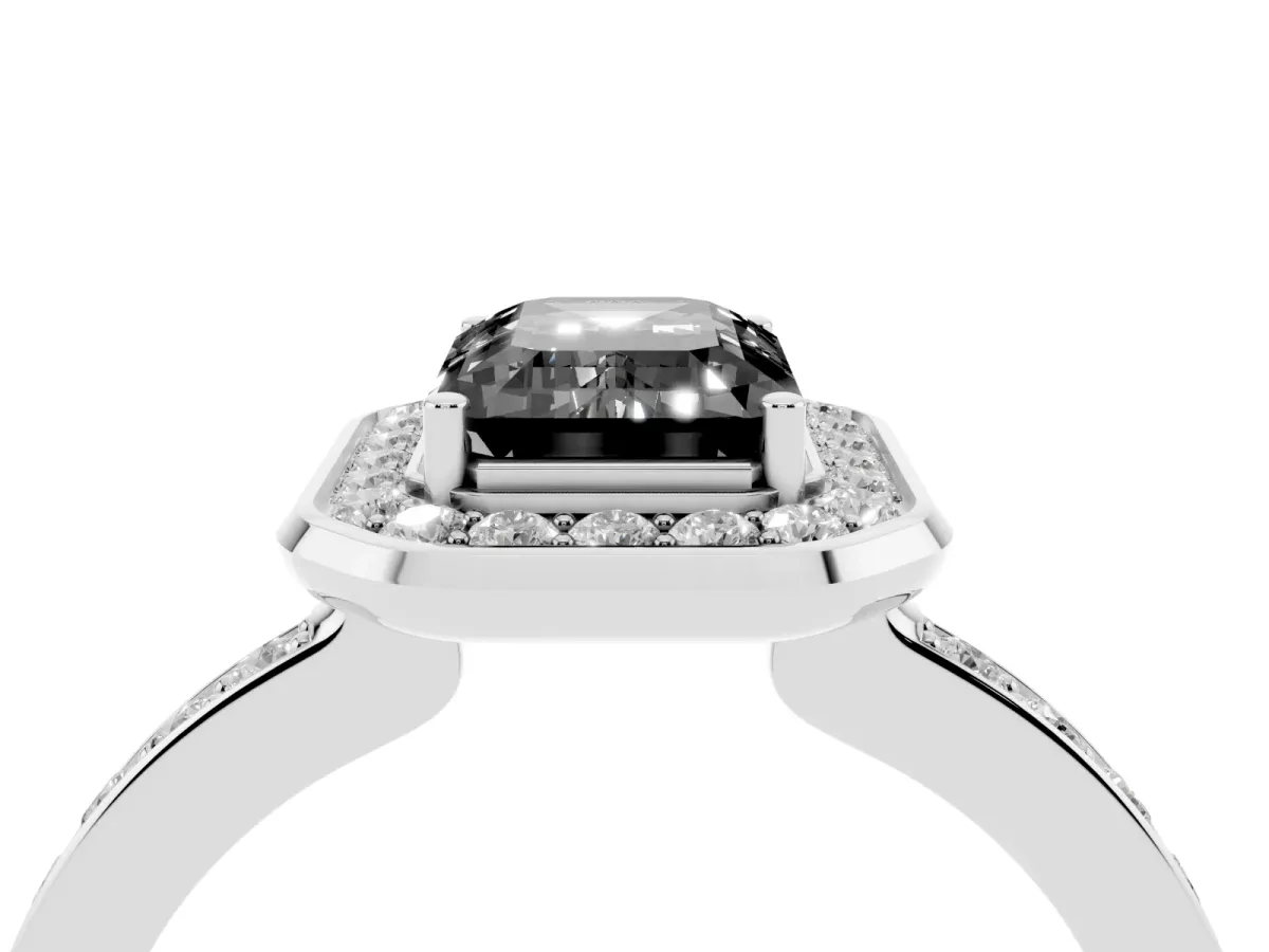Fancy Black Emerald Cut Diamond Halo Ring with Bezel Frame and Pavé Band Silver