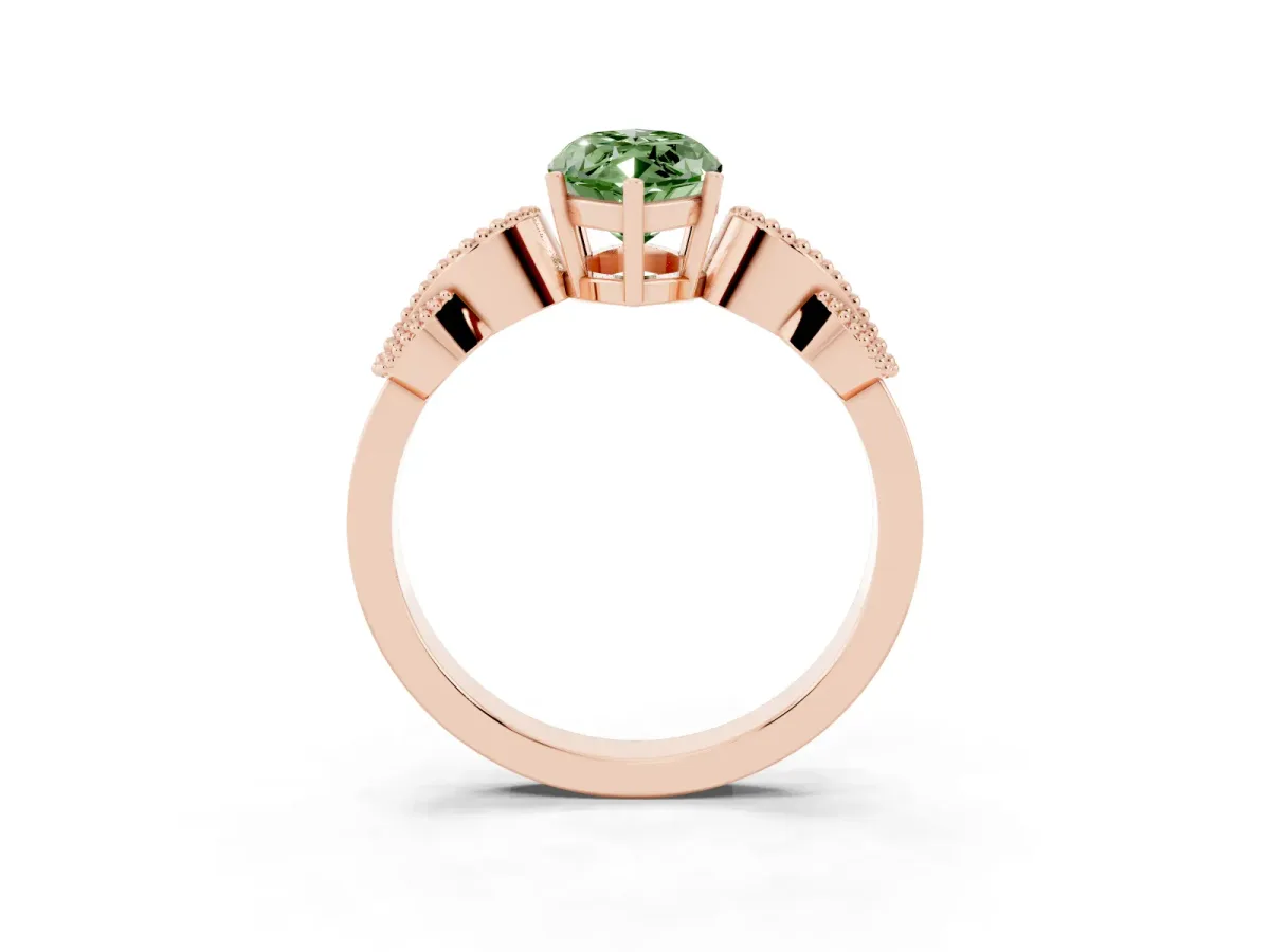 Fancy Green Marquise Cut Solitaire Milgrain Leaf Band with Prong Setting Rose gold