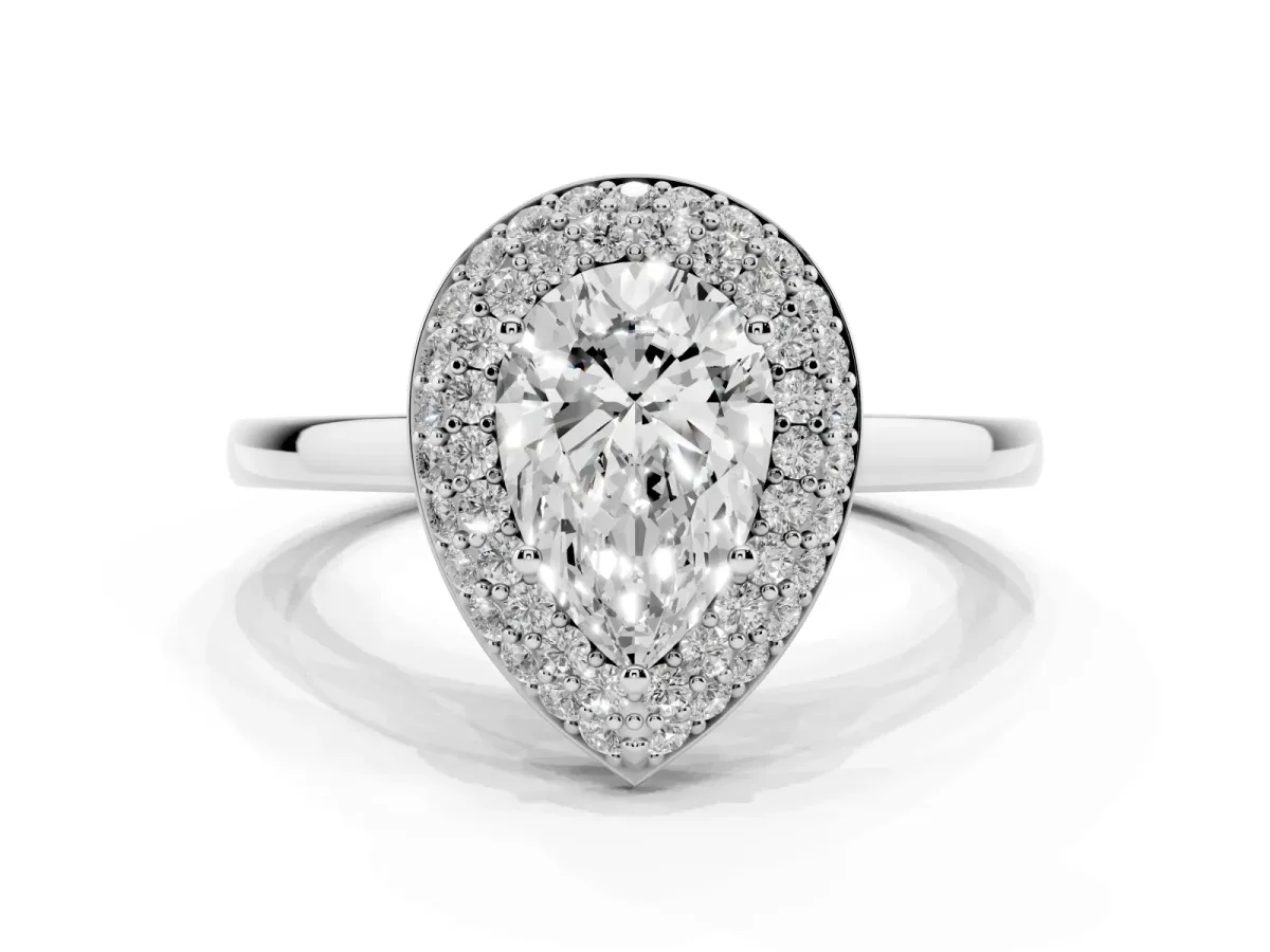 Pear Cut Halo Diamond Engagement Ring with Solitaire Band and Four-Prong Setting Silver