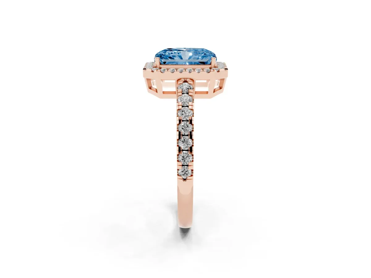 Fancy Blue Radiant Cut Diamond Halo Ring with Pavé Band and Four-Prong Setting Rose gold