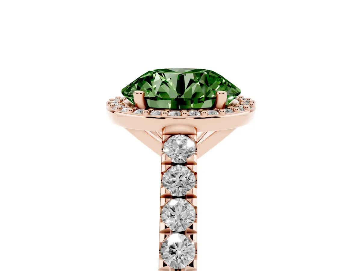 Fancy Green Round Cut Cut Halo Diamond Engagement Ring with Pave Band and Four-Prong Setting Rose gold