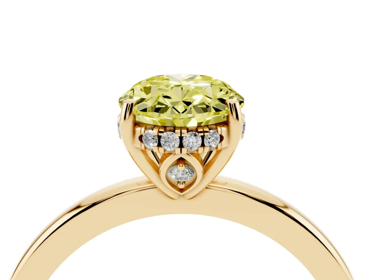 Fancy Yellow Oval Cut Solitaire Diamond Ring with Prong Setting and Plain Band Yellow gold