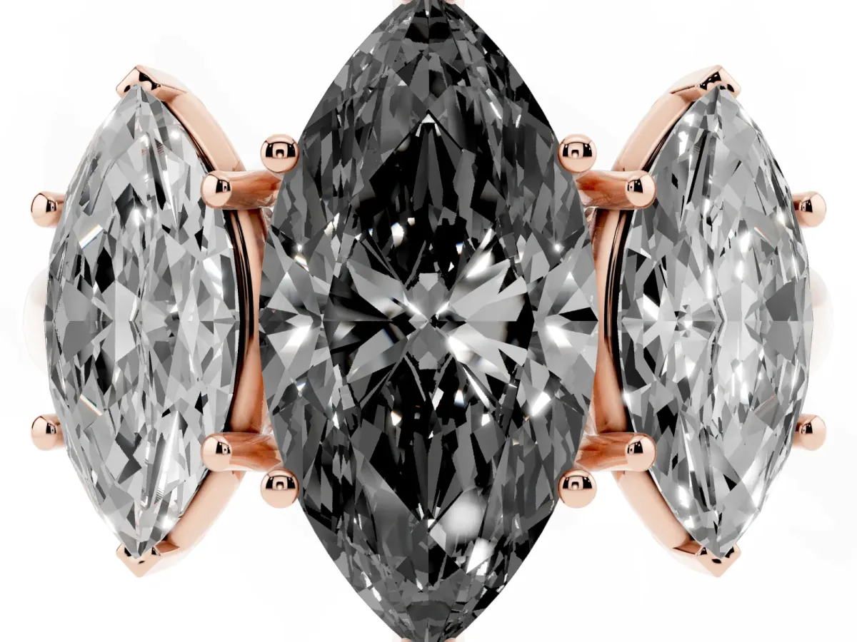 Fancy Black Three-Stone Marquise Cut Diamond Engagement Ring with Prong Setting Rose gold