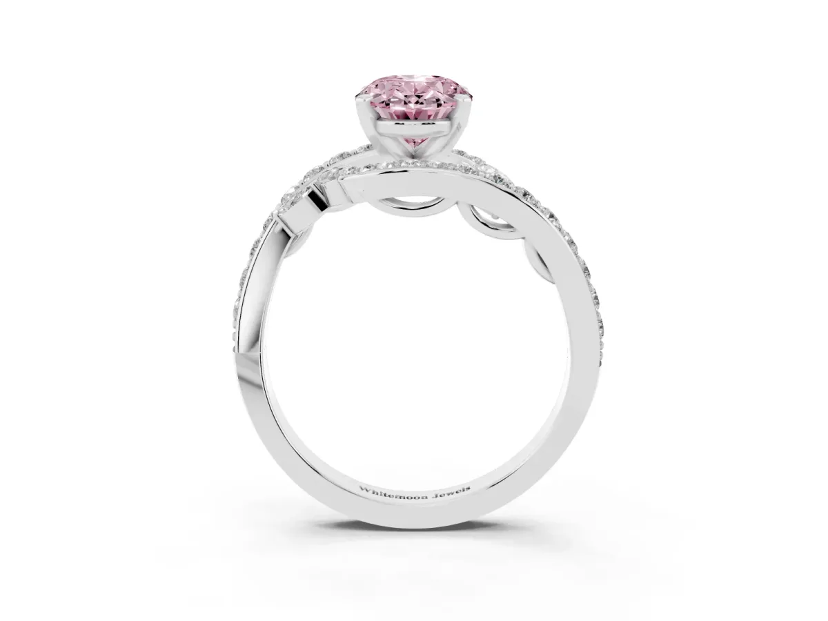 Fancy Pink Oval Cut Solitaire with Pavé Twist Band and Four-Prong Setting Platinum