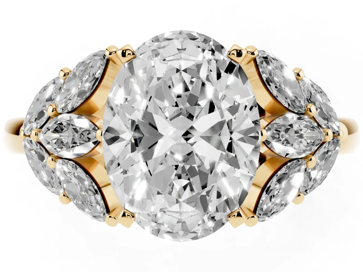 Oval Cut Diamond Cluster Leaf Design Ring with Prong Setting Yellow gold