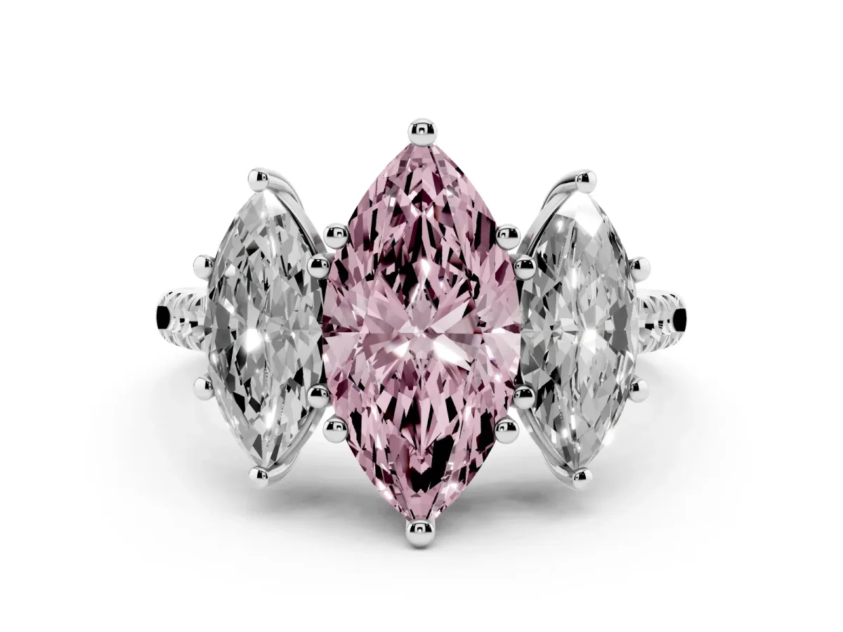 Fancy Pink Three-Stone Marquise Cut Diamond Ring with Round Pavé Band and Prong Setting Silver