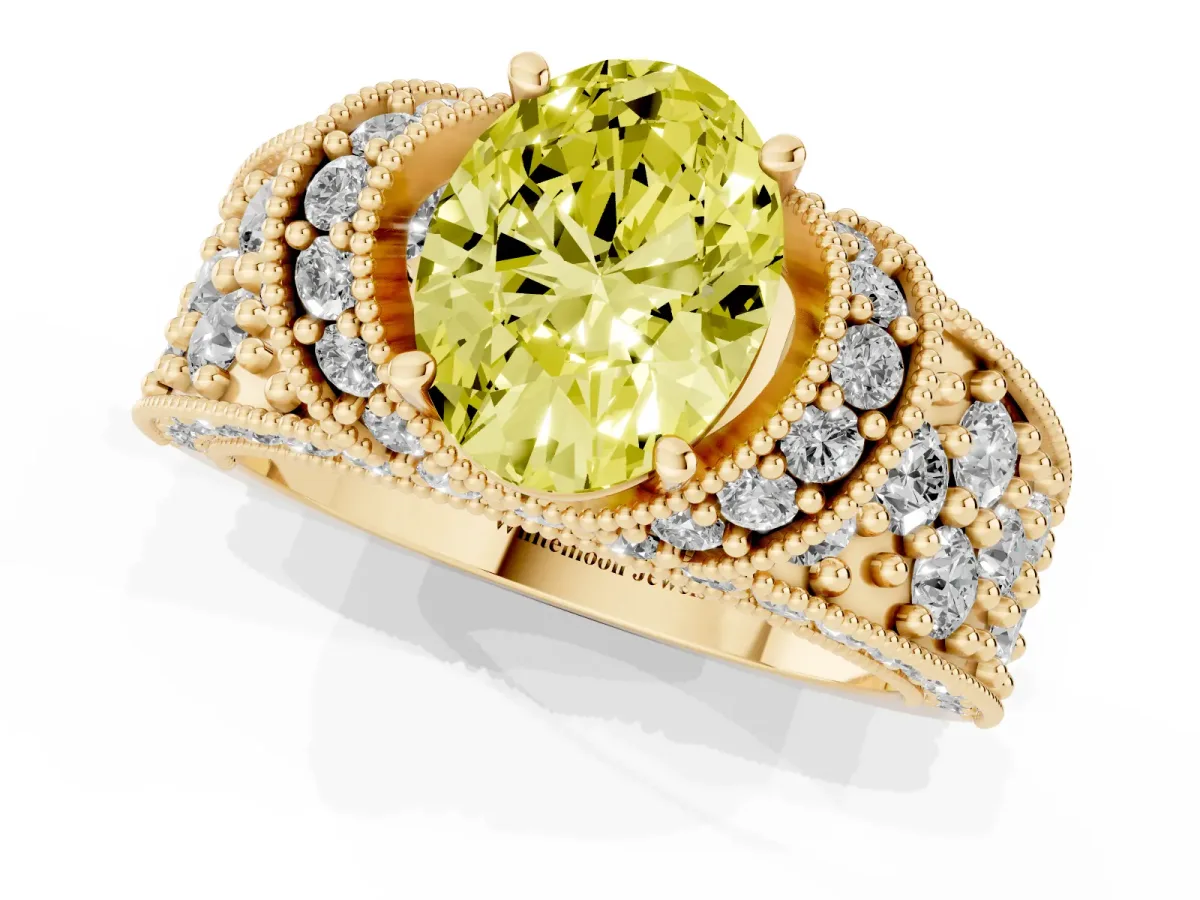 Fancy Yellow Oval Cut Halo Pave Diamond Engagement Ring with Milgrain Detailing Yellow gold