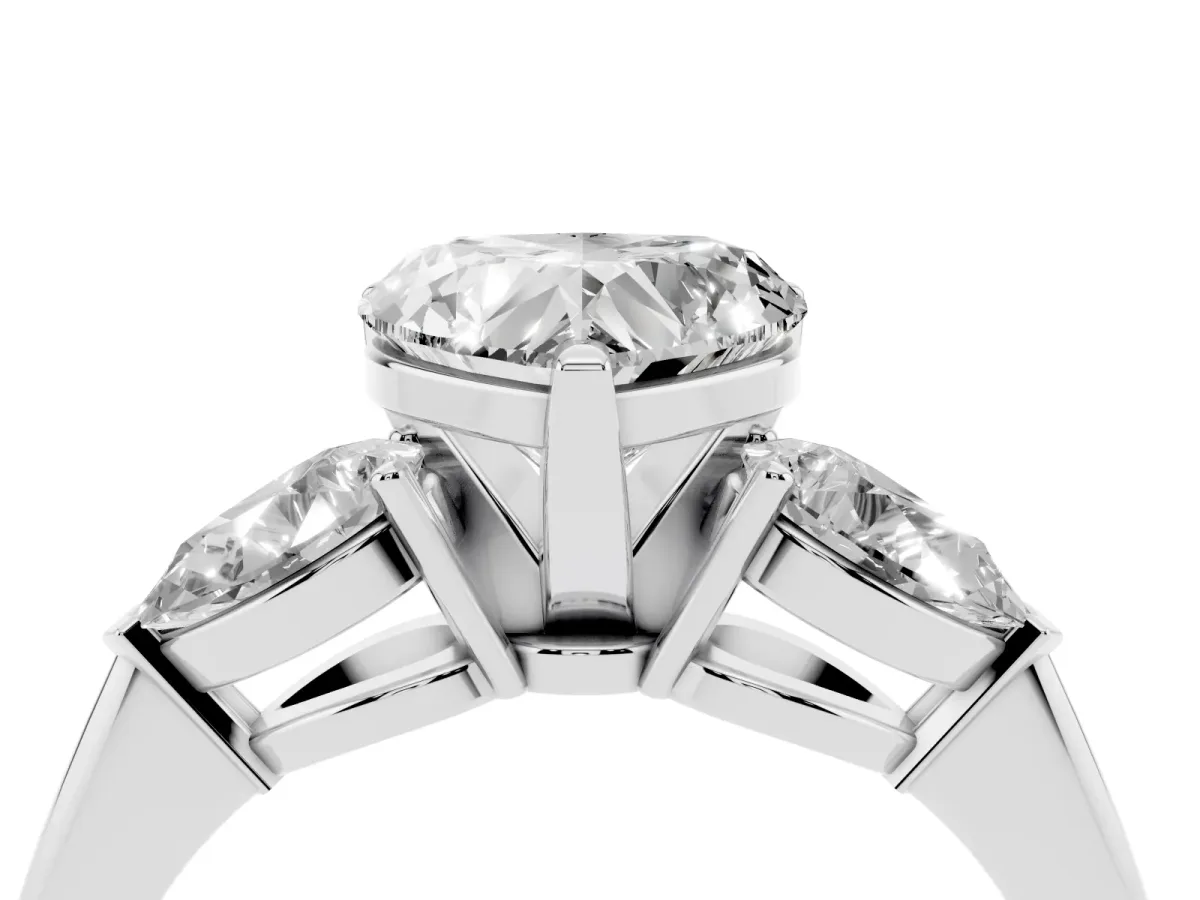 Three-Stone Heart Cut Diamond Ring with Pear Side Stones and Four-Prong Setting Platinum