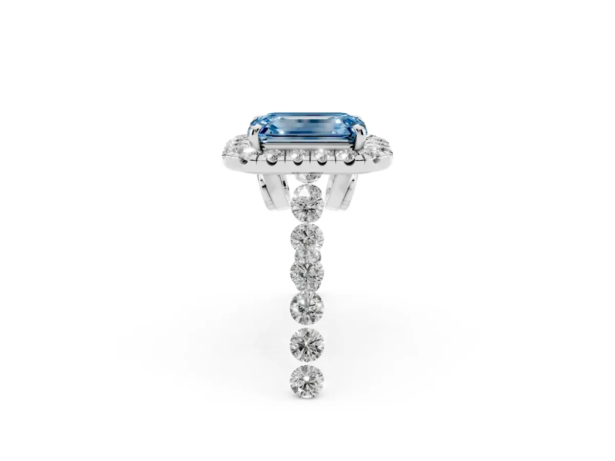 Fancy Blue Emerald Cut Halo Pavé Diamond Engagement Ring with Four-Prong Setting Silver
