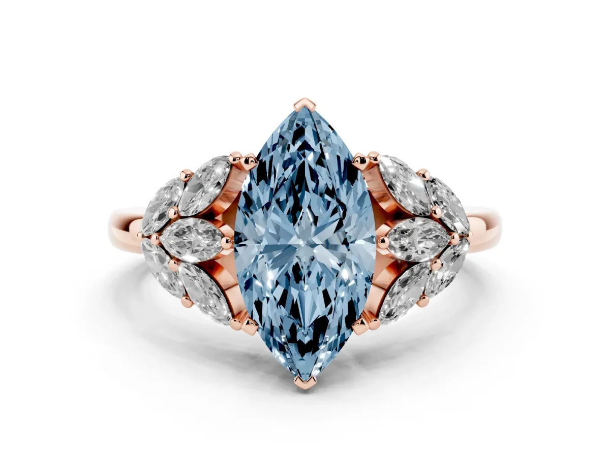 Fancy Blue Marquise Cut Diamond Cluster Leaf Design Ring with Prong Setting Rose gold