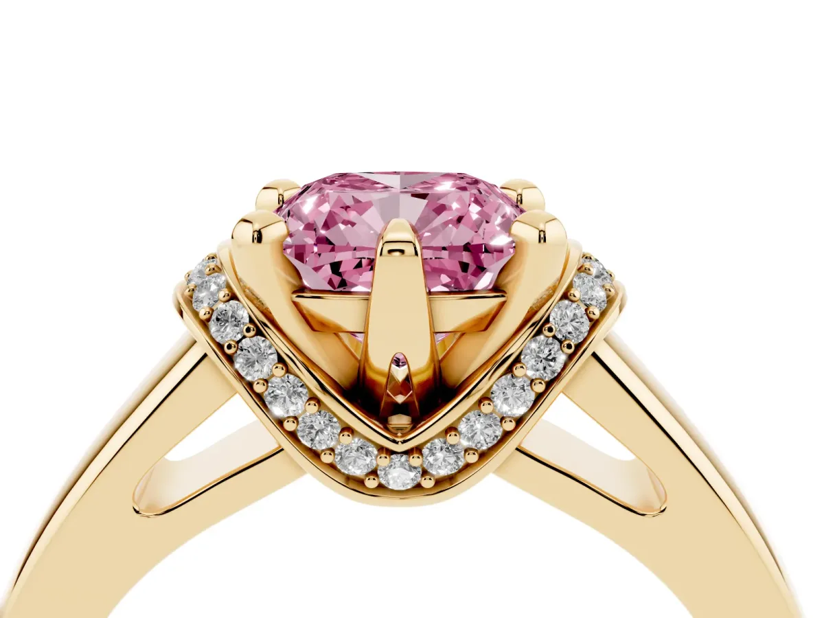 Fancy Pink Cushion Cut Solitaire Diamond Ring with Pave Band and Six-Prong Setting Yellow gold