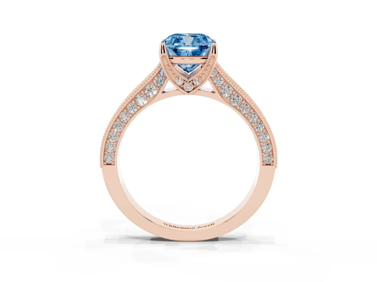 Fancy Blue Cushion Cut Cut Diamond Solitaire Ring with Milgrain Pave Band and Four Prong Setting Rose gold