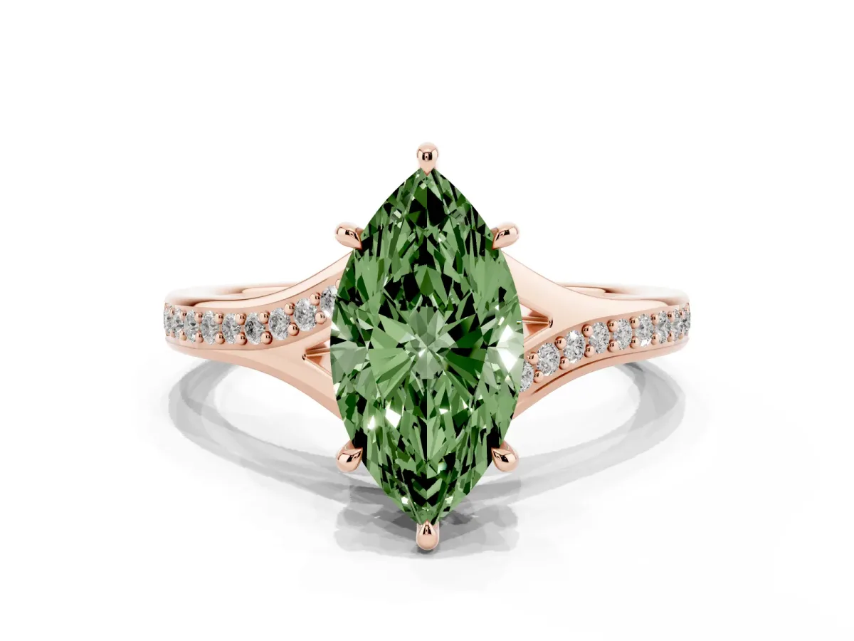 Fancy Green Marquise Cut Diamond Solitaire Ring with Pavé Band and Prong Setting Rose gold