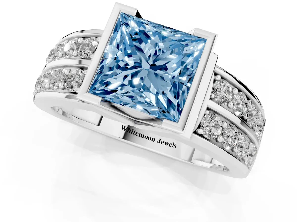 Fancy Blue Princess Cut Brilliant Diamond Channel Set Wide Band Ring with Bezel Setting White gold
