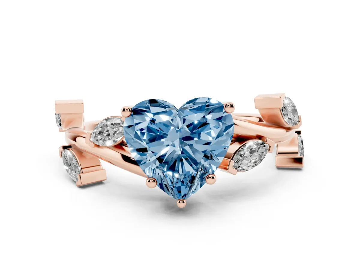 Fancy Blue Heart Cut Solitaire Twisted Band Marquise Accent Prong Setting Ring Rose gold