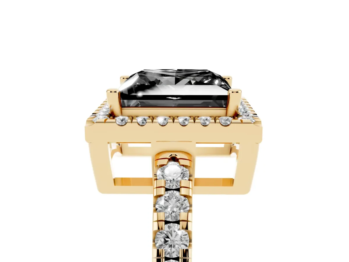 Fancy Black Princess Cut Diamond Halo Ring with Pavé Band and Four-Prong Setting Yellow gold
