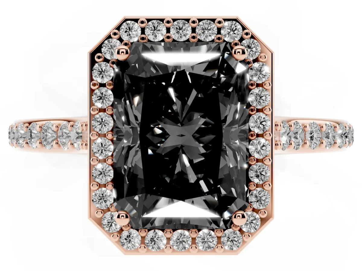 Fancy Black Radiant Cut Diamond Halo Engagement Ring with Round Pavé Shoulders and Prong Setting Rose gold