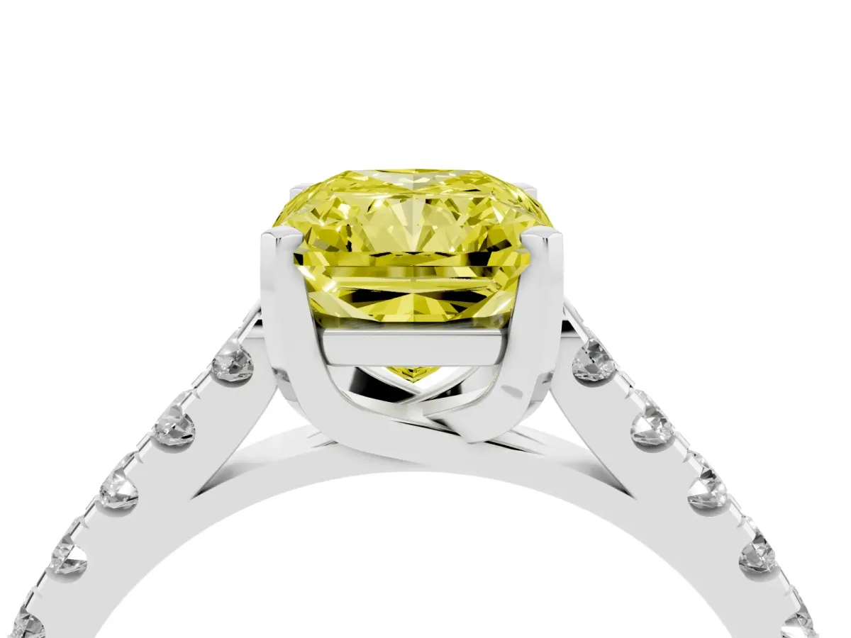 Fancy Yellow Radiant Cut Diamond Pavé Band Solitaire Ring with Prong Setting Silver