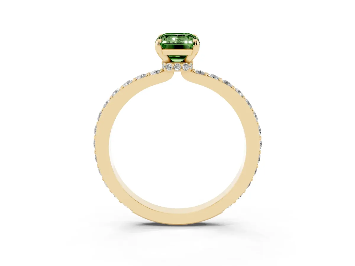 Fancy Green Emerald Cut Diamond Solitaire Engagement Ring with Pavé Band and Four-Prong Setting Yellow gold