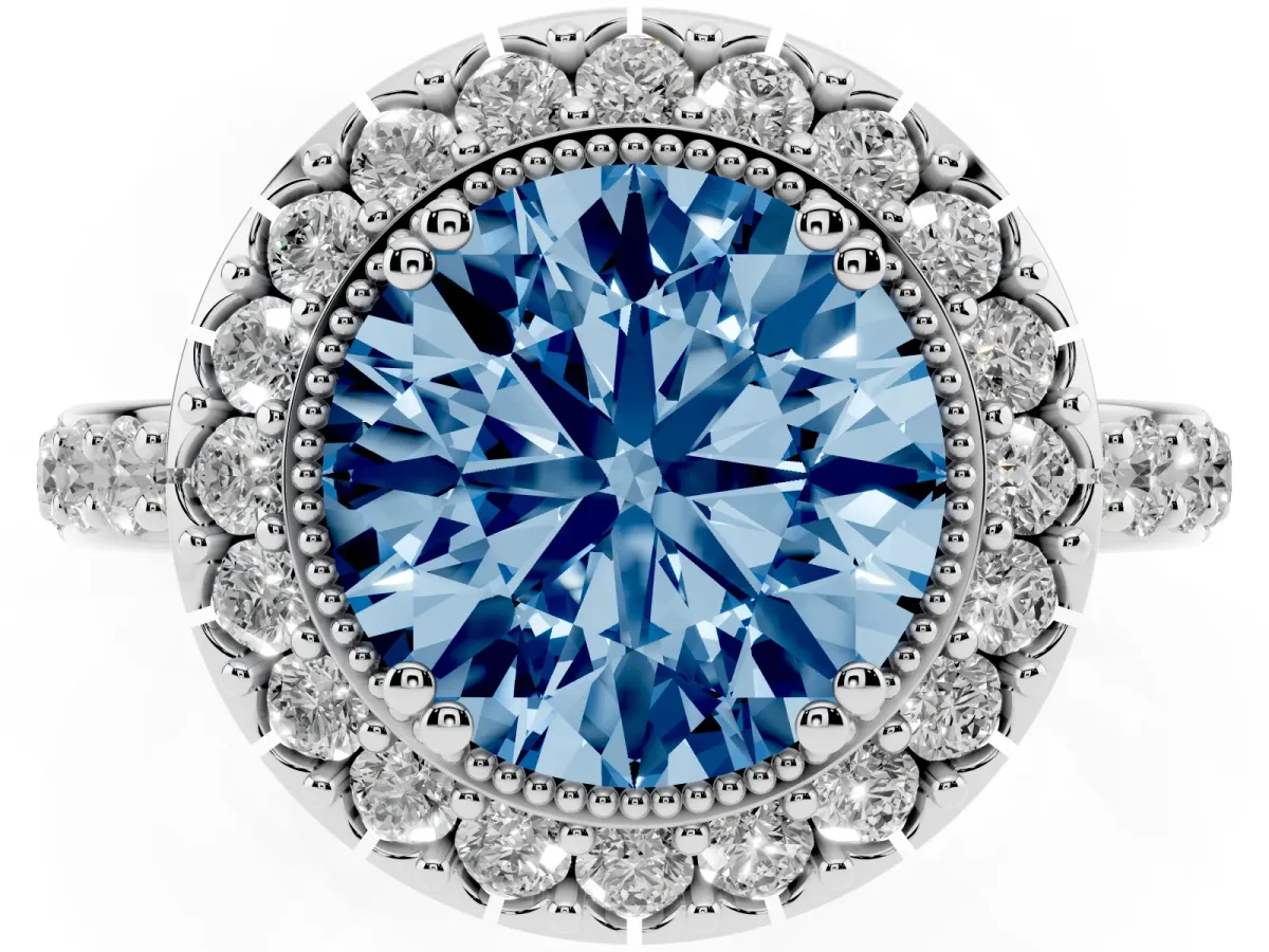 Fancy Blue Round Cut Diamond Halo Ring with Pavé Band and Prong Setting White gold