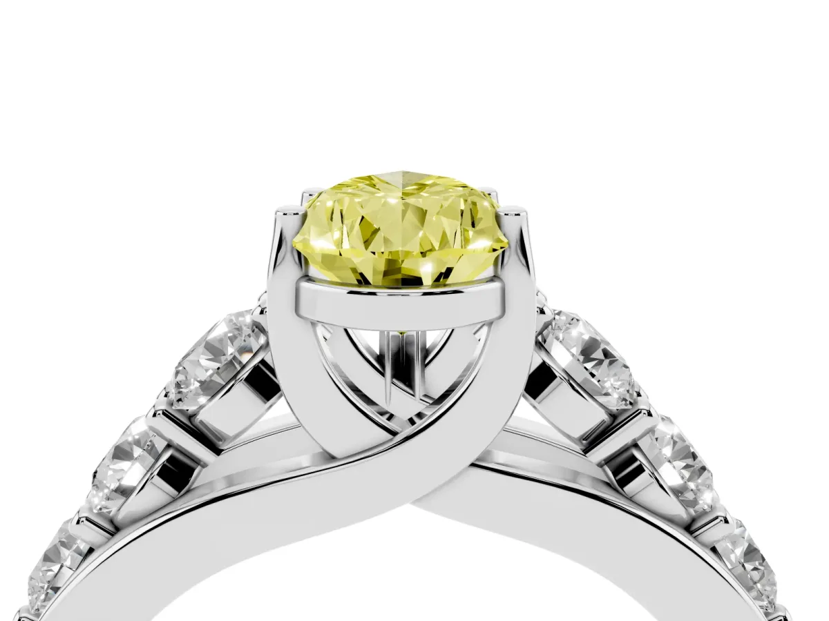Fancy Yellow Pear Cut Diamond Engagement Ring with Pavé Band and Four-Prong Setting Silver