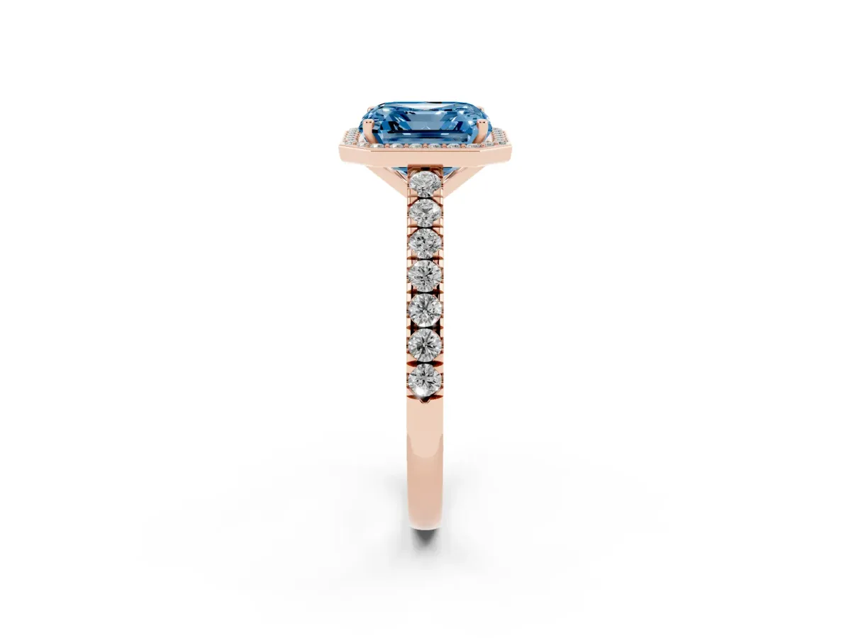 Fancy Blue Asscher Cut Cut Halo Diamond Engagement Ring with Pave Band and Four-Prong Setting Rose gold
