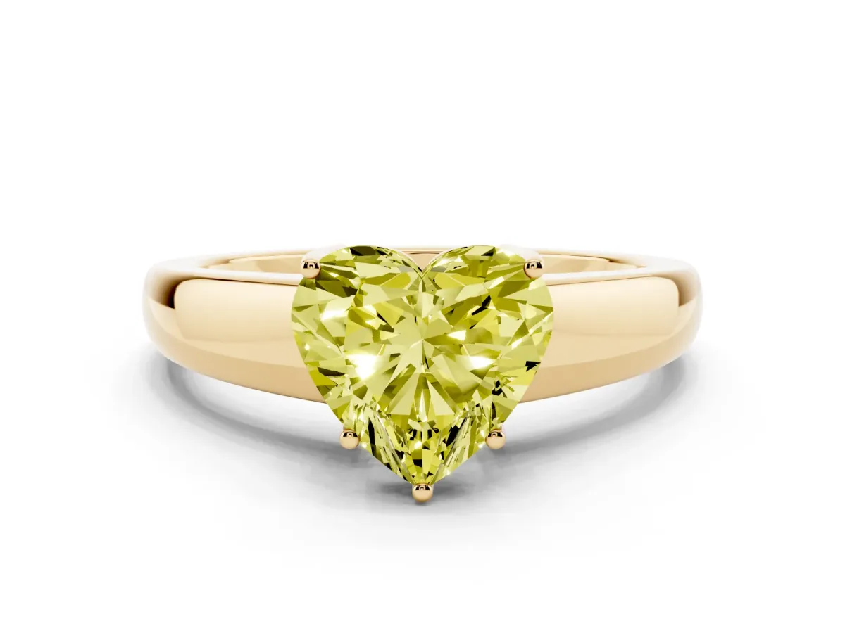 Fancy Yellow Heart Cut Solitaire Diamond Ring with Tapered Band and Four-Prong Setting Yellow gold
