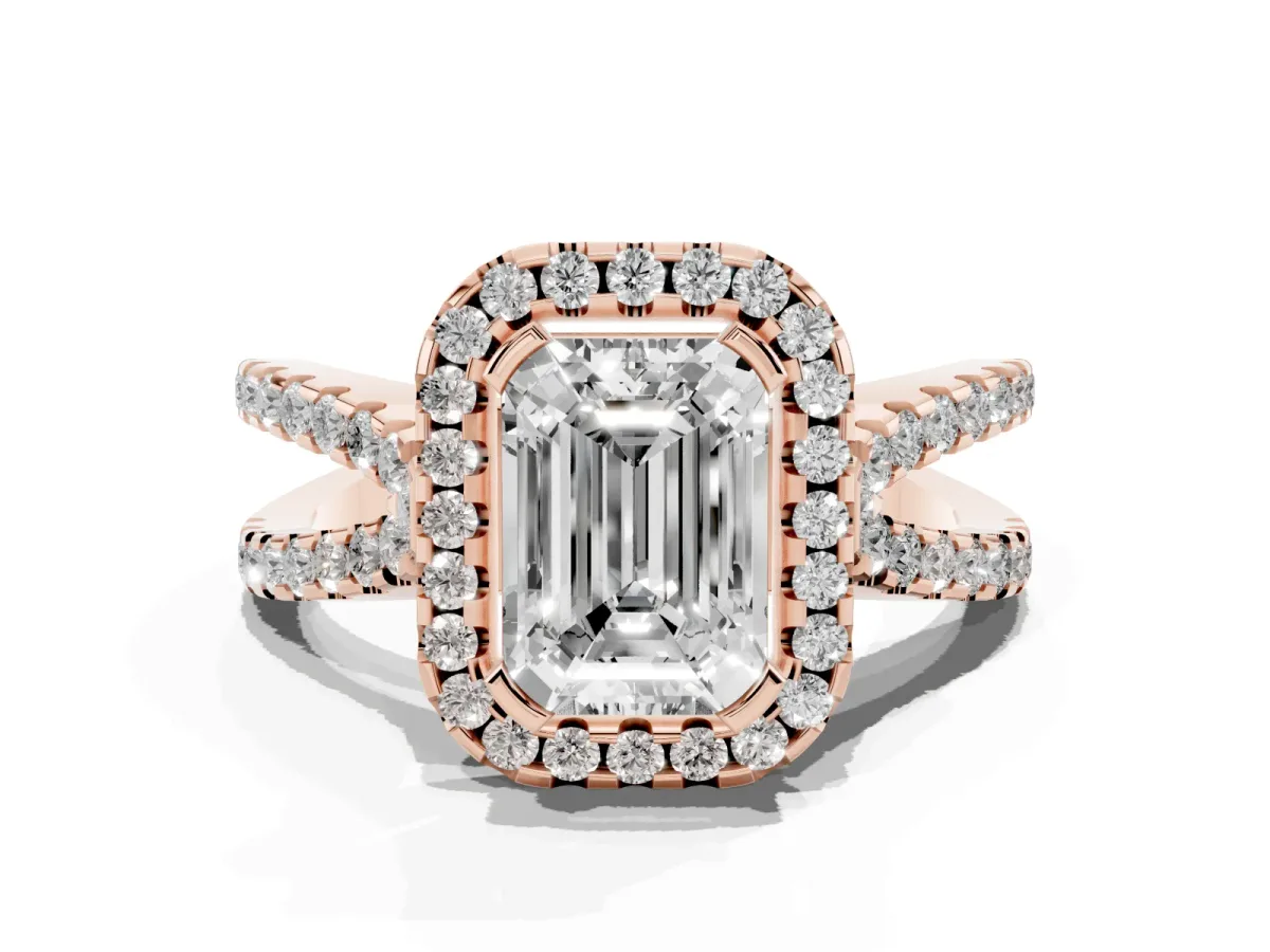 Emerald Cut Diamond Halo Ring with Split Shank Pavé Band and Prong Setting Rose gold