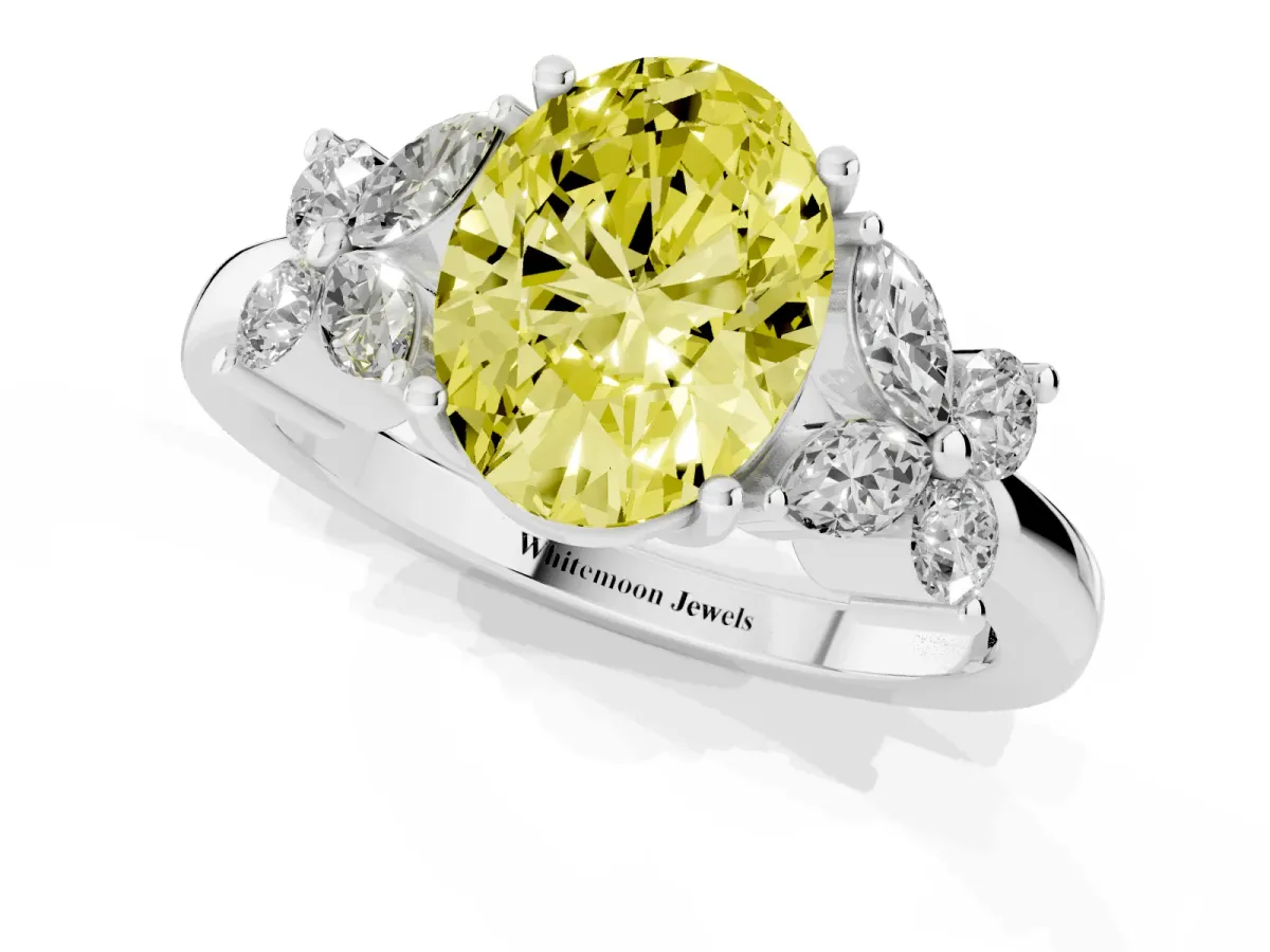 Fancy Yellow Oval Cut Diamond Floral Cluster Ring with Solitaire Band and Prong Setting White gold