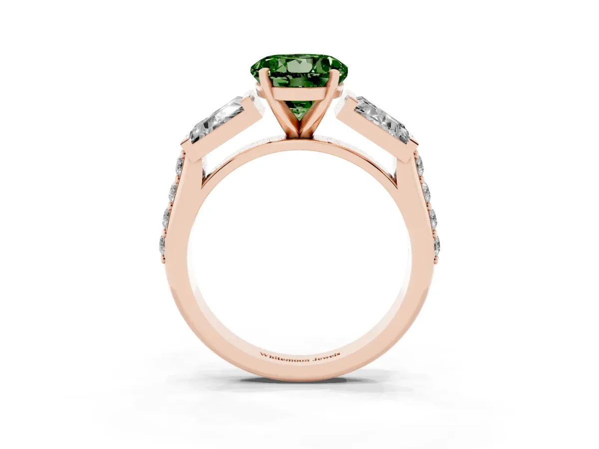 Fancy Green Round Cut Diamond Engagement Ring with Baguette Side Stones and Channel Set Band Rose gold