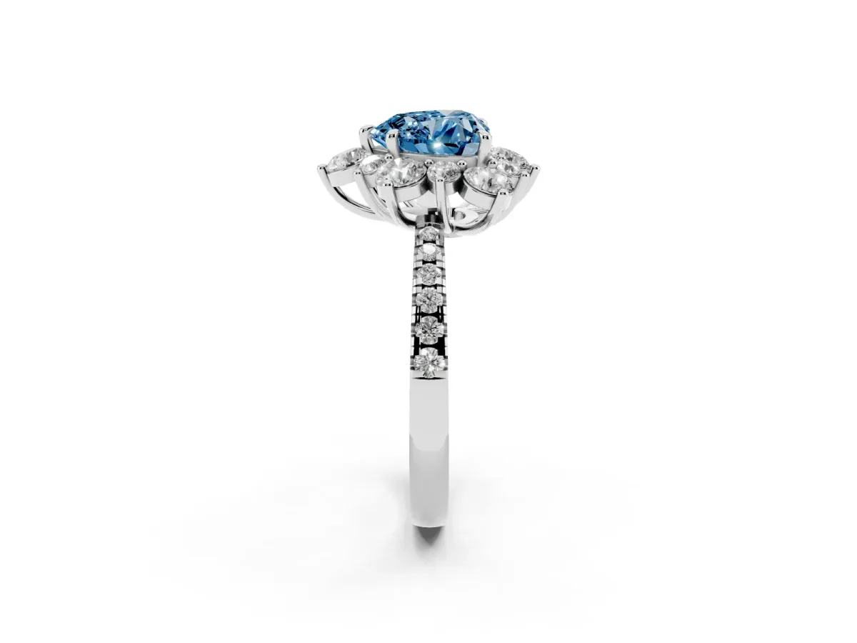 Fancy Blue Heart Cut Diamond Floral Halo Ring with Round Pavé Band and Prong Setting White gold