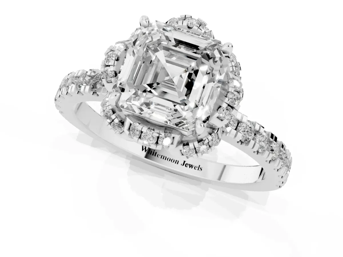 Asscher Cut Diamond Halo Pave Band with Four-Prong Setting Silver