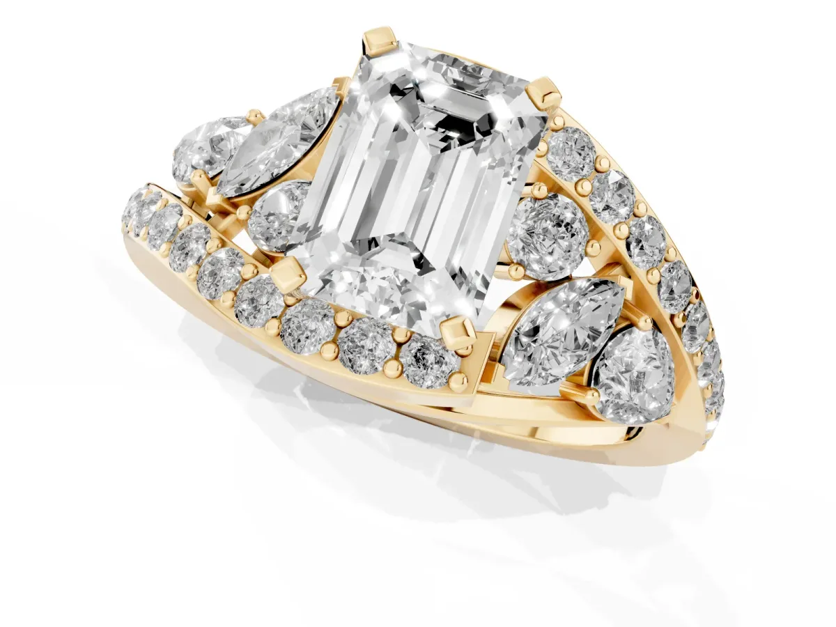 Emerald Cut Diamond Halo Ring with Marquise and Pavé Band in Prong Setting Yellow gold