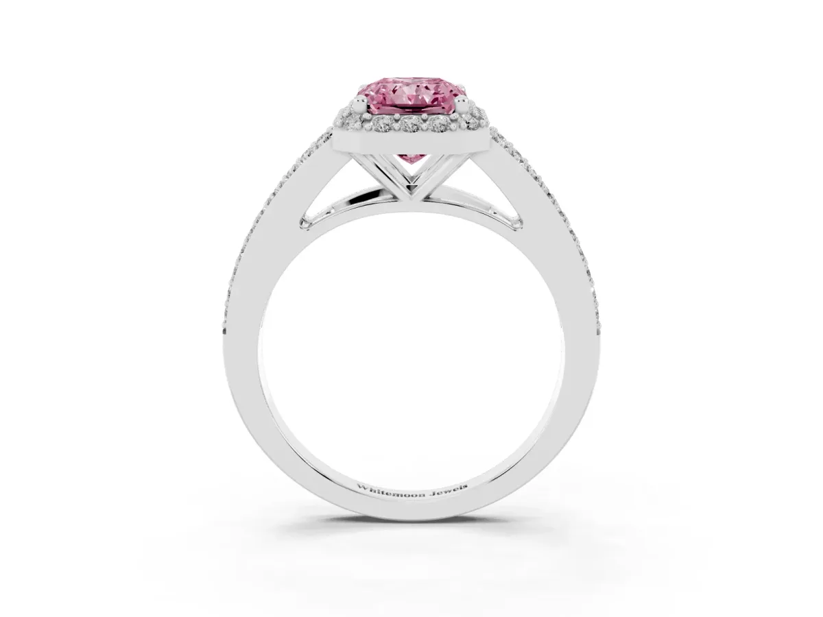 Fancy Pink Radiant Cut Halo Split Shank Diamond Ring with Prong Setting Silver