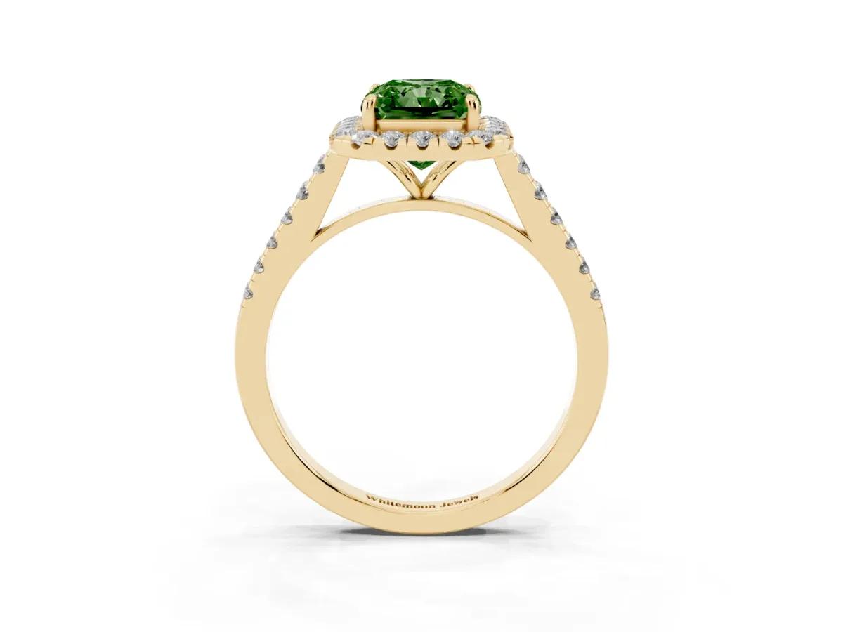 Fancy Green Radiant Cut Halo Pave Diamond Engagement Ring with Four-Prong Setting Yellow gold