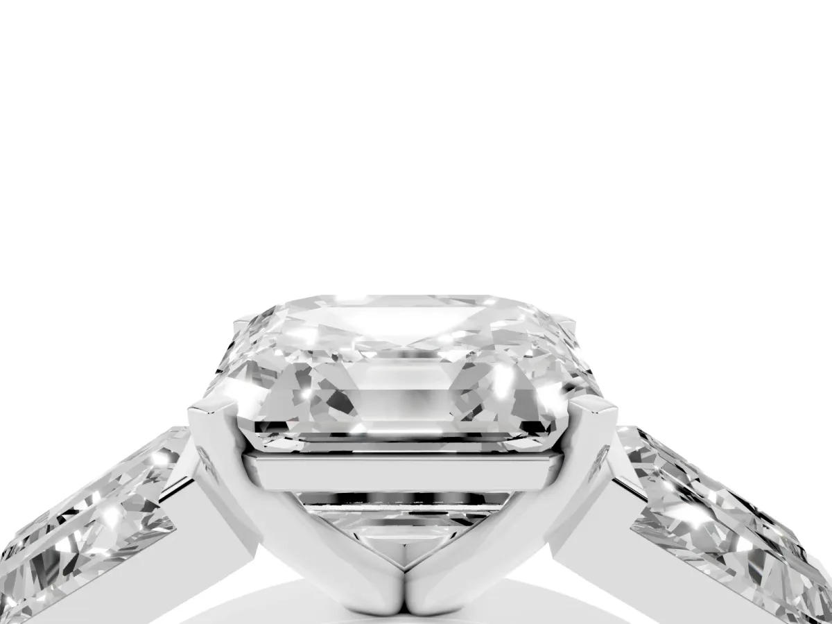 Asscher Cut Diamond Engagement Ring with Baguette Side Stones and Channel Set Band Platinum