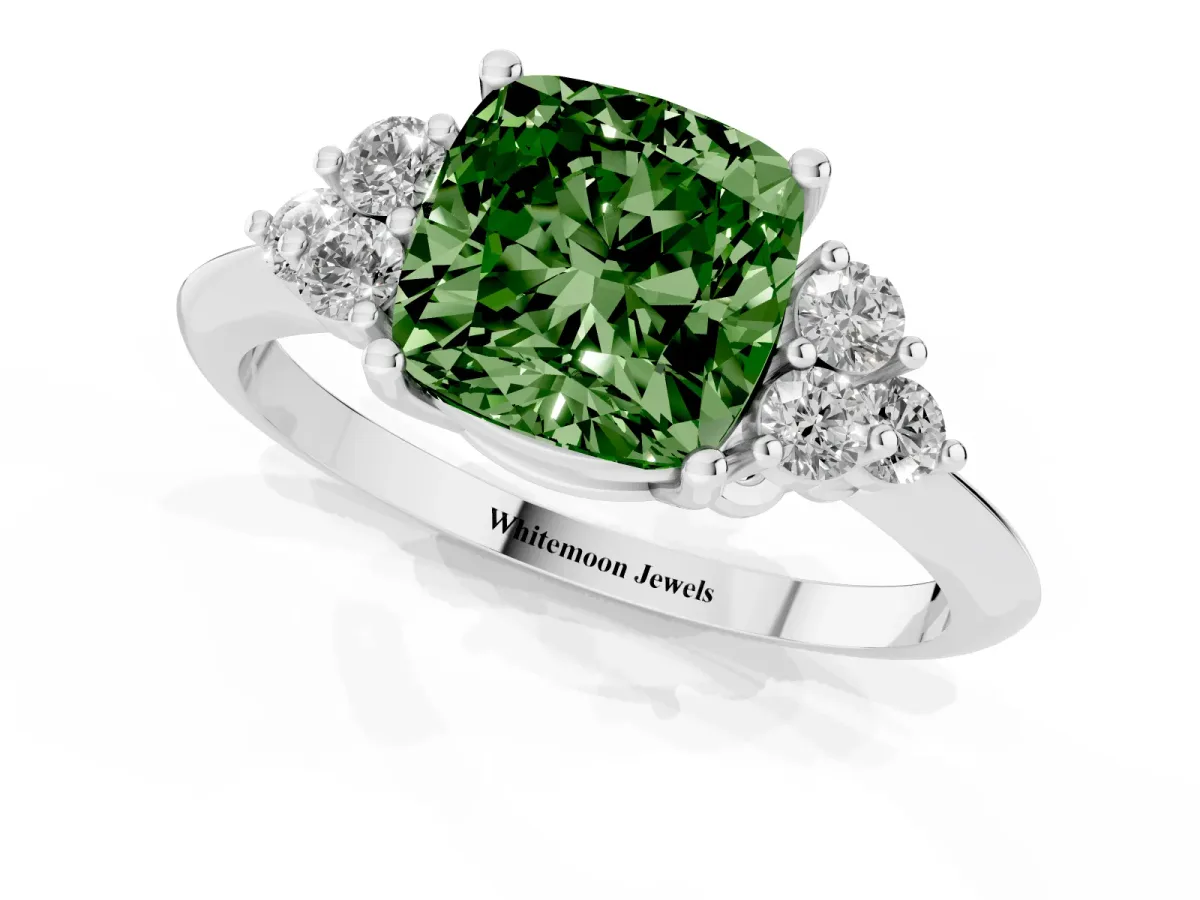 Fancy Green Cushion Cut Cut Diamond Cluster Ring with Solitaire Band and Four-Prong Setting Silver