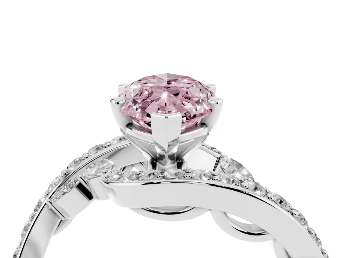 Fancy Pink Marquise Cut Solitaire with Pavé Twist Band and Four-Prong Setting Silver