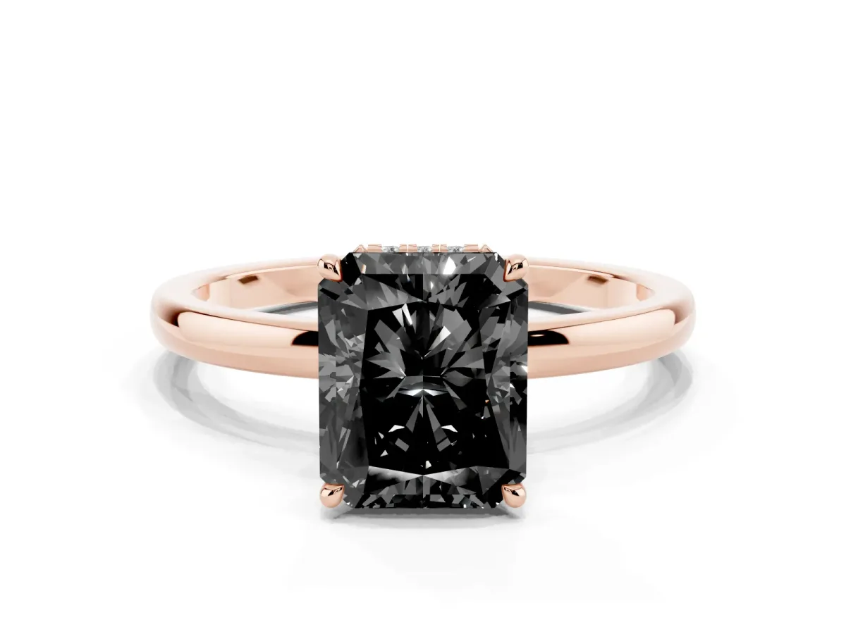 Fancy Black Radiant Cut Solitaire Engagement Ring with Cathedral Band and Four-Prong Setting Rose gold