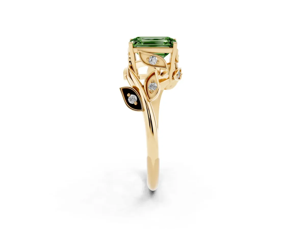 Fancy Green Emerald Cut Solitaire Twist Engagement Ring with Leaf Accents and Prong Setting Yellow gold