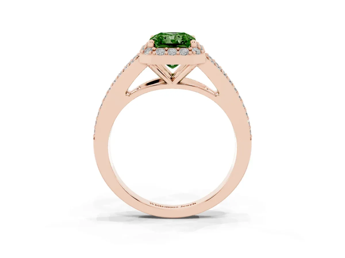 Fancy Green Radiant Cut Halo Split Shank Pave Diamond Ring with Four-Prong Setting Rose gold