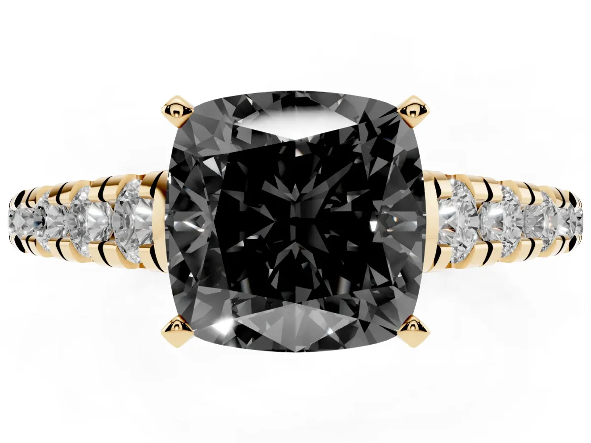 Fancy Black Cushion Cut Diamond Cathedral Solitaire Ring with Round Pavé Band Yellow gold
