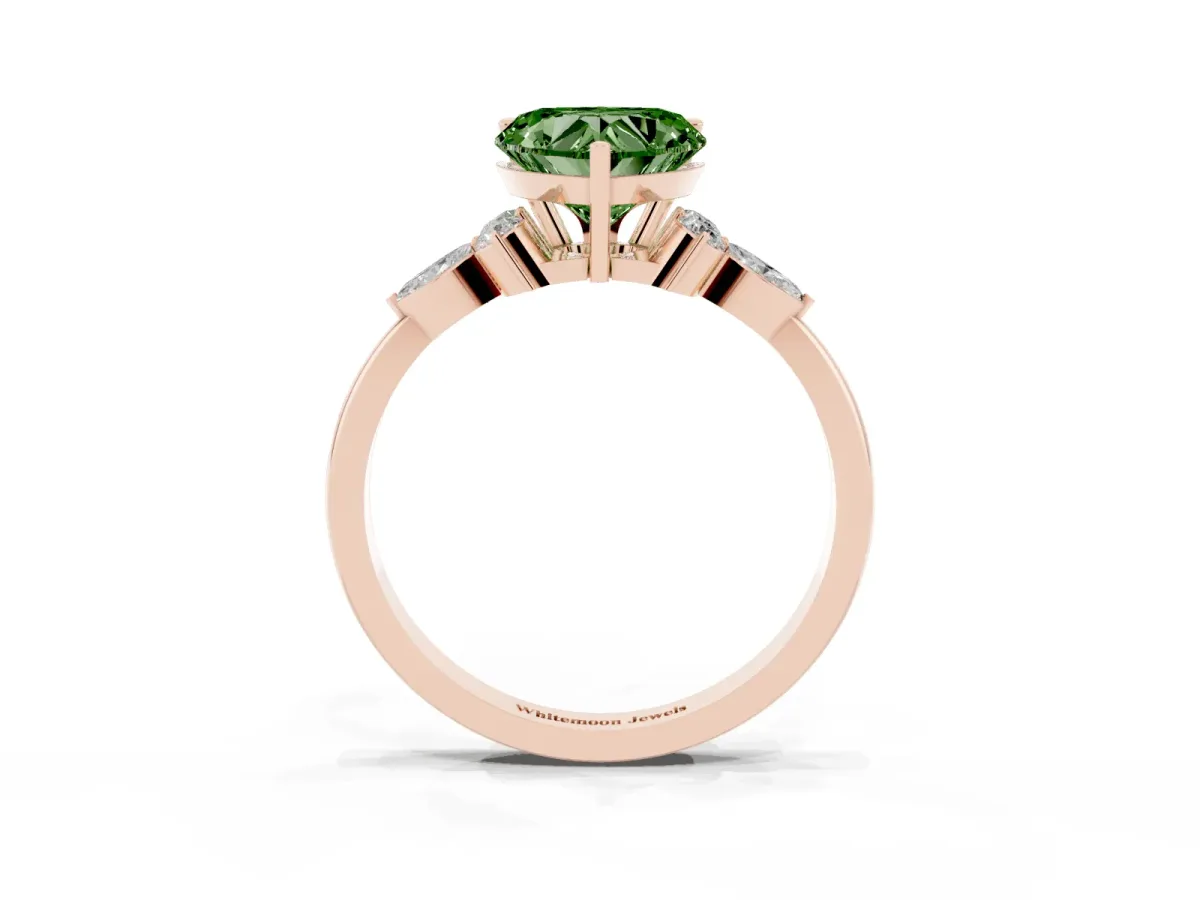 Fancy Green Heart Cut Brilliant Diamond Solitaire Ring with Pear Side Stones and Four-Prong Setting Rose gold