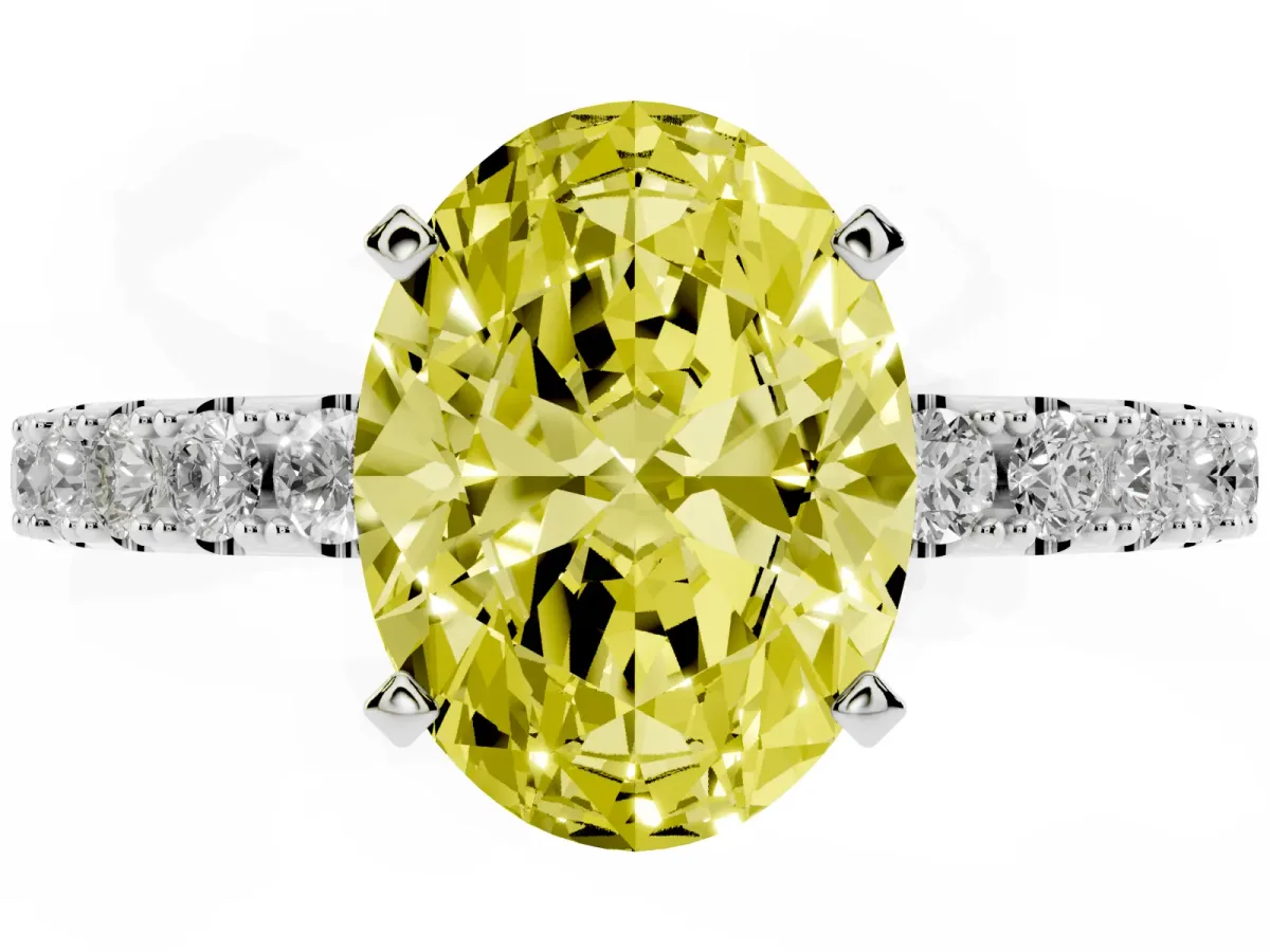 Fancy Yellow Oval Cut Diamond Solitaire Pavé Band with Four-Prong Setting Silver